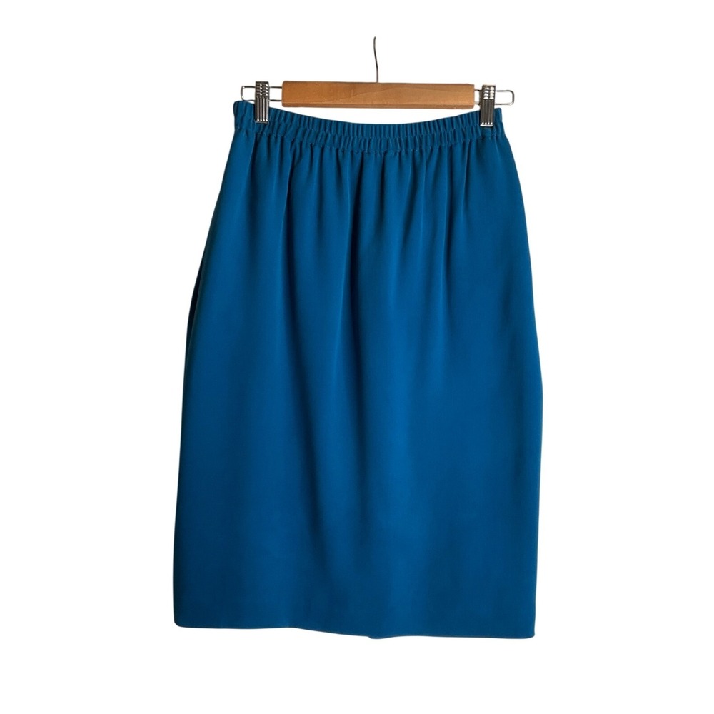 Vintage Adrianna Papell 100% Silk Teal Pencil Skirt Pull On Retro Classic Career